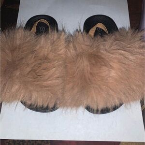 Fuzzy Tan Slide Sandals